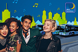 4 Jugendliche vor gezeichneter Nachtskyline